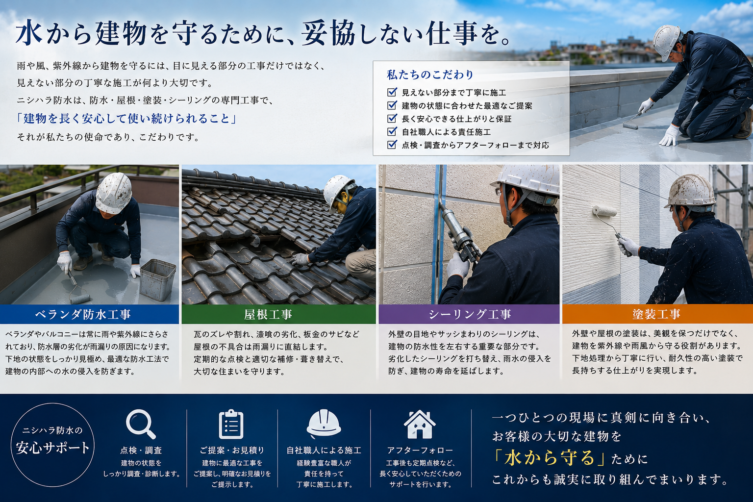 防水工事・雨漏り修理、専門の職人が幅広く対応